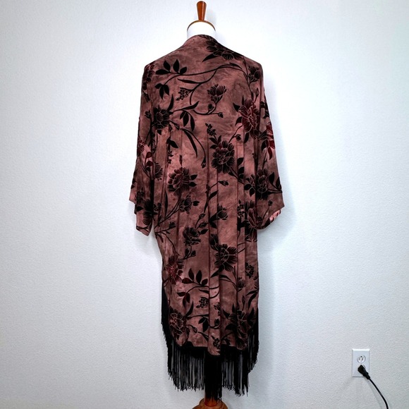 ANGL Velvet Burnout Kimono MEDIUM Reddish Brown Fringe Hem Whimsigoth Festival - Picture 7 of 11